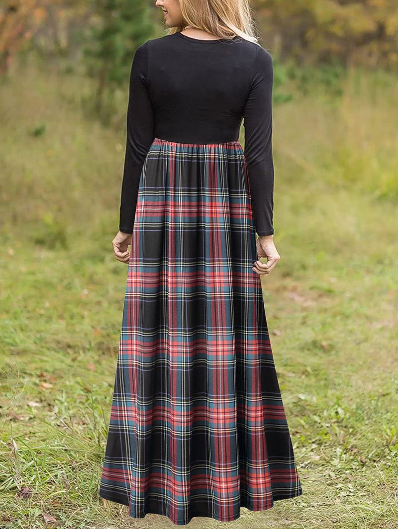 MEROKEETY Women's Plaid Long Sleeve Empire Waist Full Length Maxi Dress, Black Green, Large - Image 3